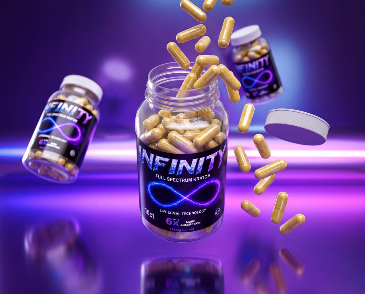 Infinity Full Spectrum Kratom capsules pouring from a 10 count bottle