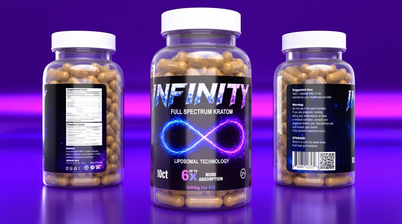 Infinity Full Spectrum Kratom 10ct — front label, supplement facts panel and directions panel